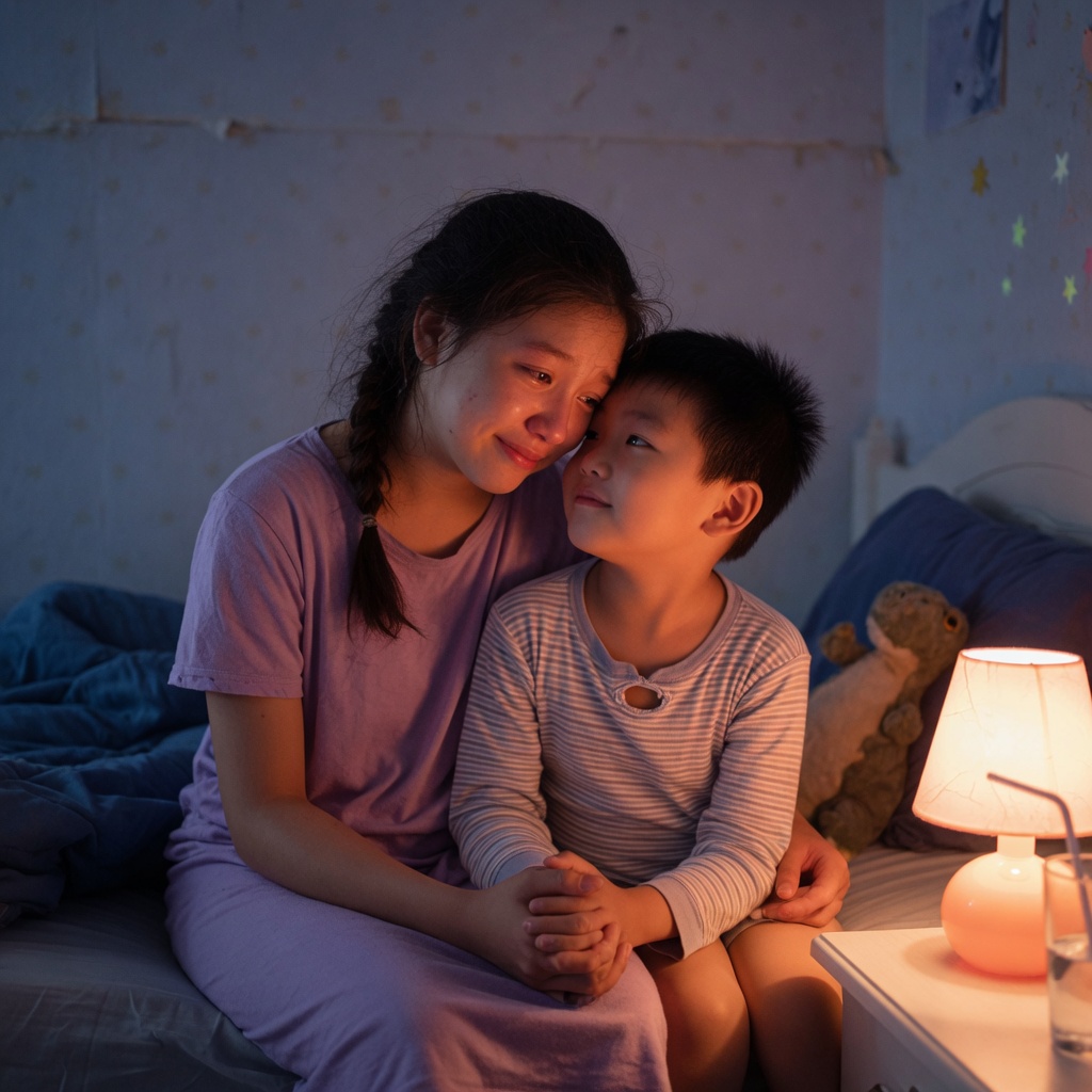 Sibling Keepers: two beds in one room, small hands still holding, brothers and sisters staying together.